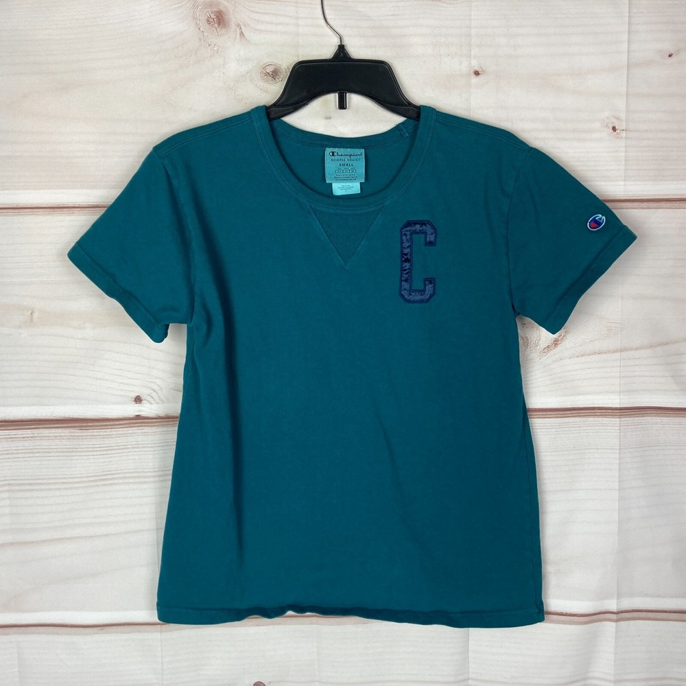 Champion Top Womens S Green Reverse Weave Crew Neck T-Shirt C Appliqué Cotton